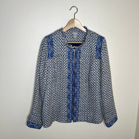 Chico's Woven Paisley Trim Blue Zip Up Blazer 2 (12/14) - Picture 1 of 11